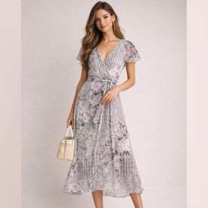 DKNY Floral Wrap Midi Dress Sheer Overlay Tie Waist Romantic Garden Party Size 6